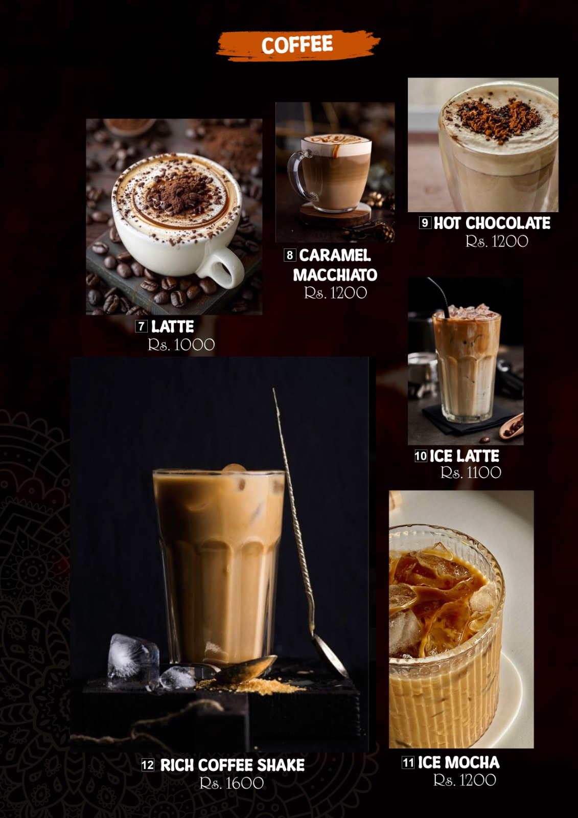 Hambu Café menu board — Coffee page listing Latte, Caramel Macchiato, Hot Chocolate, Ice Latte, Ice Mocha and Rich Coffee Shake with prices
